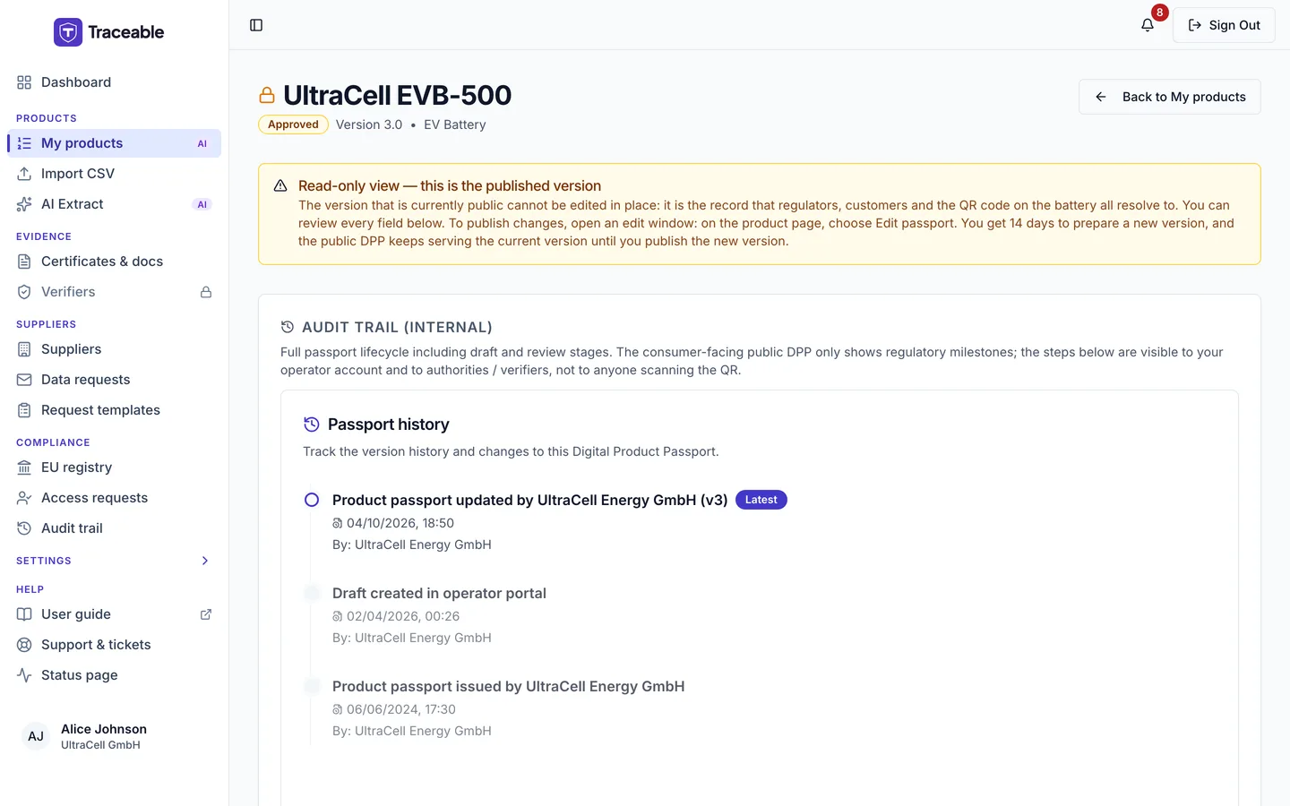 A published product opened from My Products, showing the read-only notice stating that this is the published version and cannot be edited in place, the Approved status and version, and the internal audit trail below.