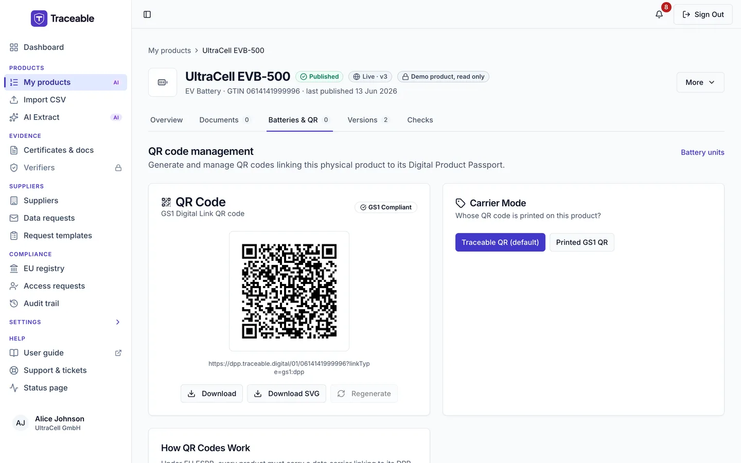The Batteries &amp; QR tab of a product page, headed QR code management, showing the QR code, its link, the download buttons and the Carrier Mode choice.