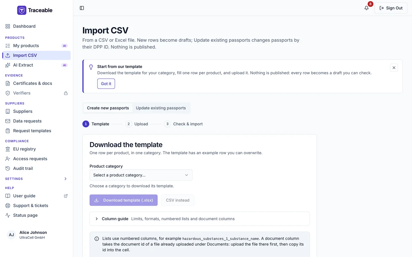 The Import CSV page on the Create new passports tab at step 1, Template, showing the two tabs, the three steps Template, Upload and Check &amp; import, and the Download the template card with the Product category dropdown.