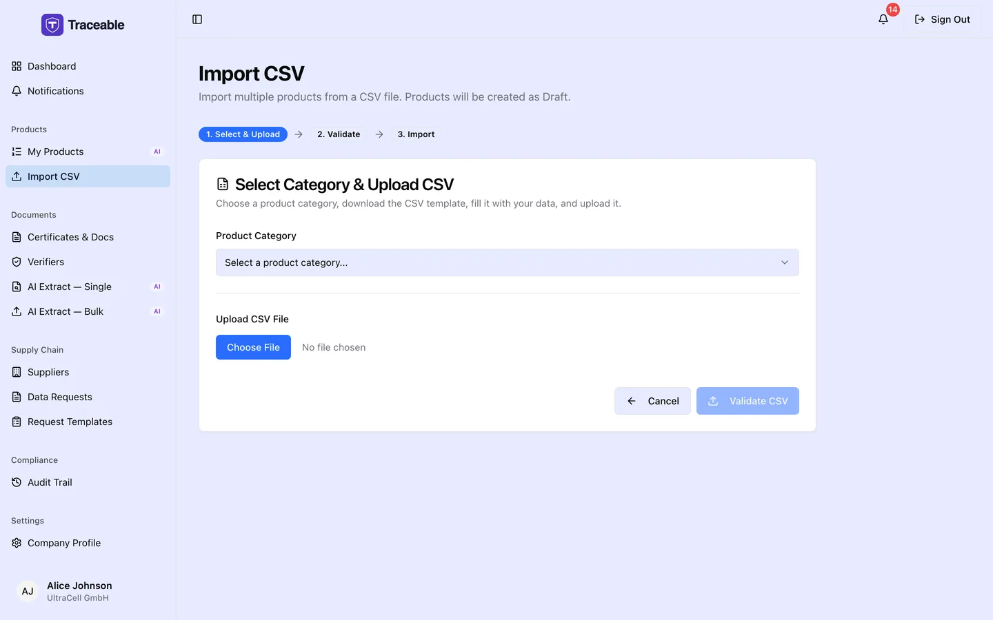 The CSV import screen, with the template download, the file upload area, and the validation step.