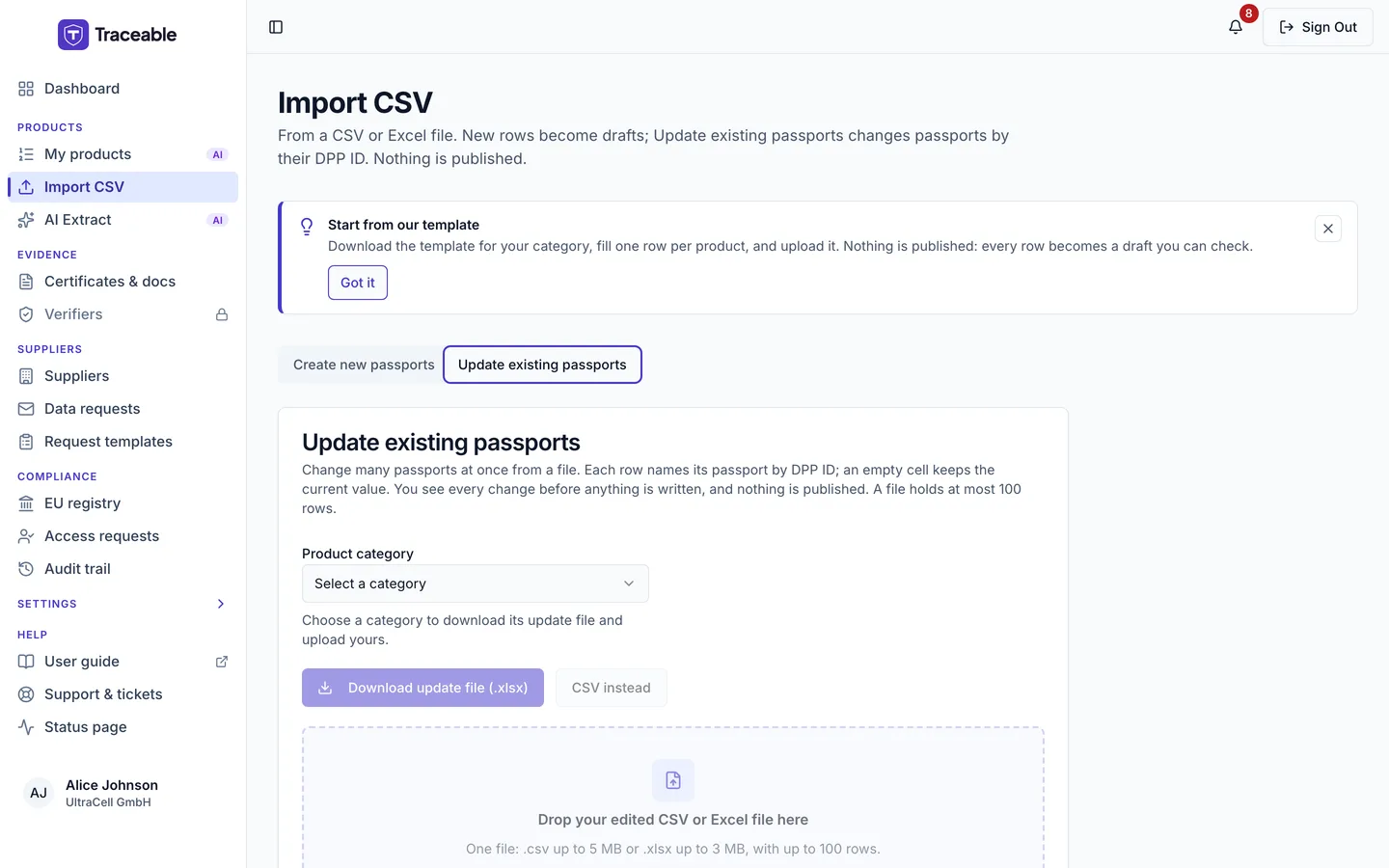 The Import CSV page on the Update existing passports tab, showing the Product category dropdown, the Download update file button and the drop area for the edited file.