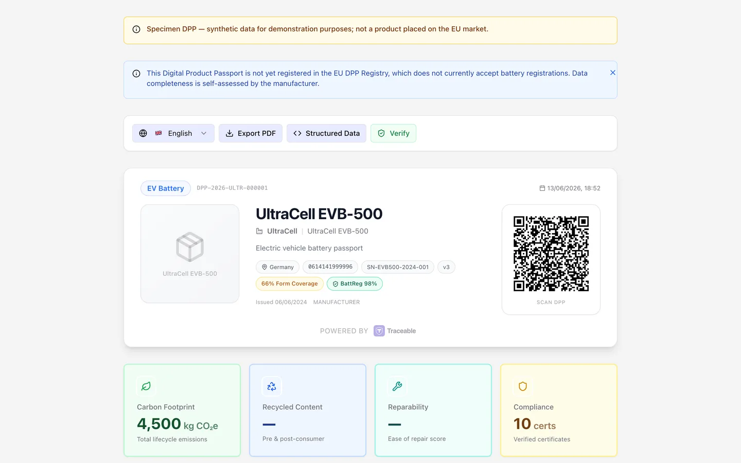 The public Digital Product Passport viewer for an EV battery, showing the specimen-data notice, language and export controls, the battery identity block with its QR code, GTIN and serial number, and the form-coverage and conformance badges.