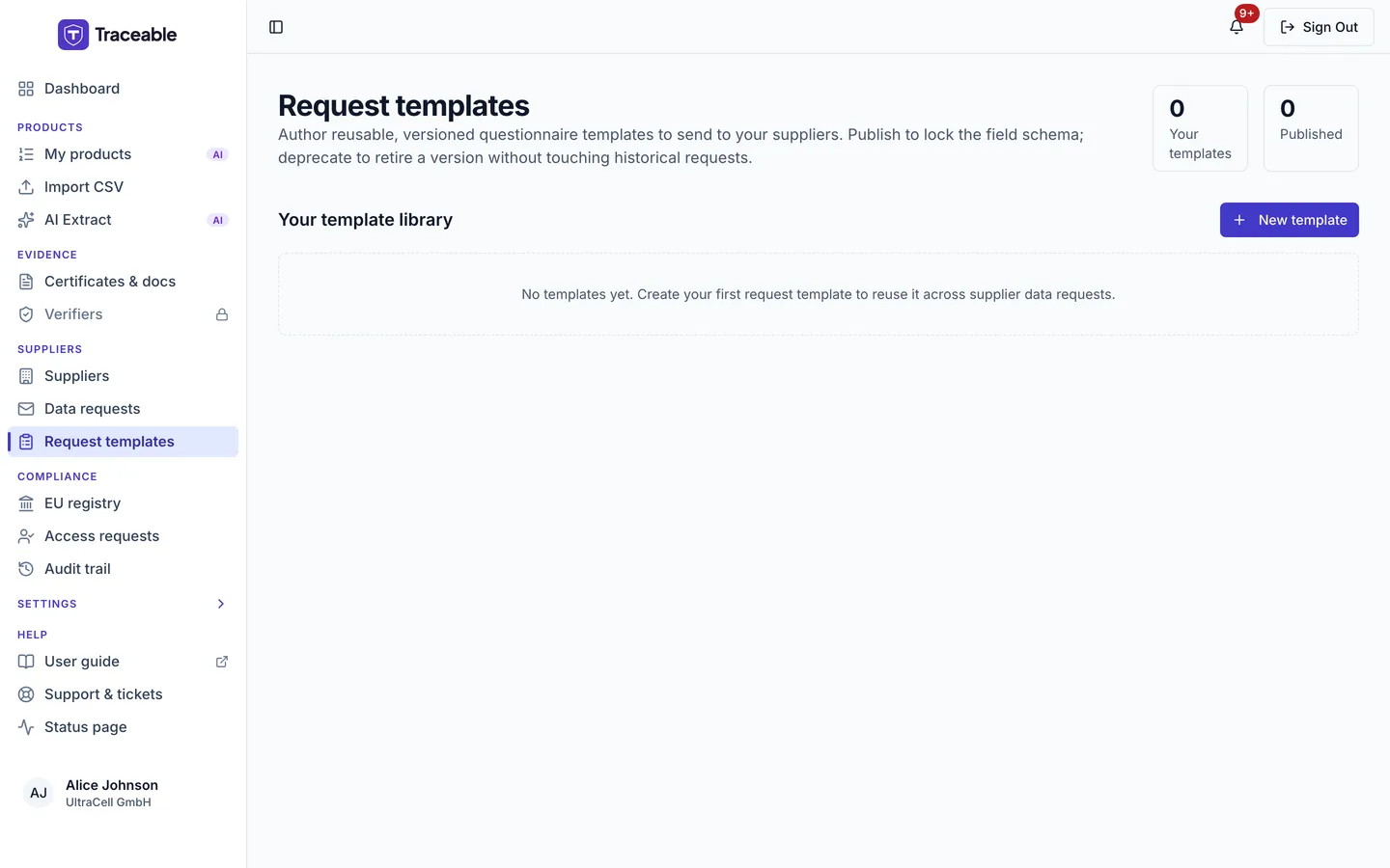 The request templates screen with no templates yet, showing the Your templates and Published counters at 0, the New template button and the message 'No templates yet.'