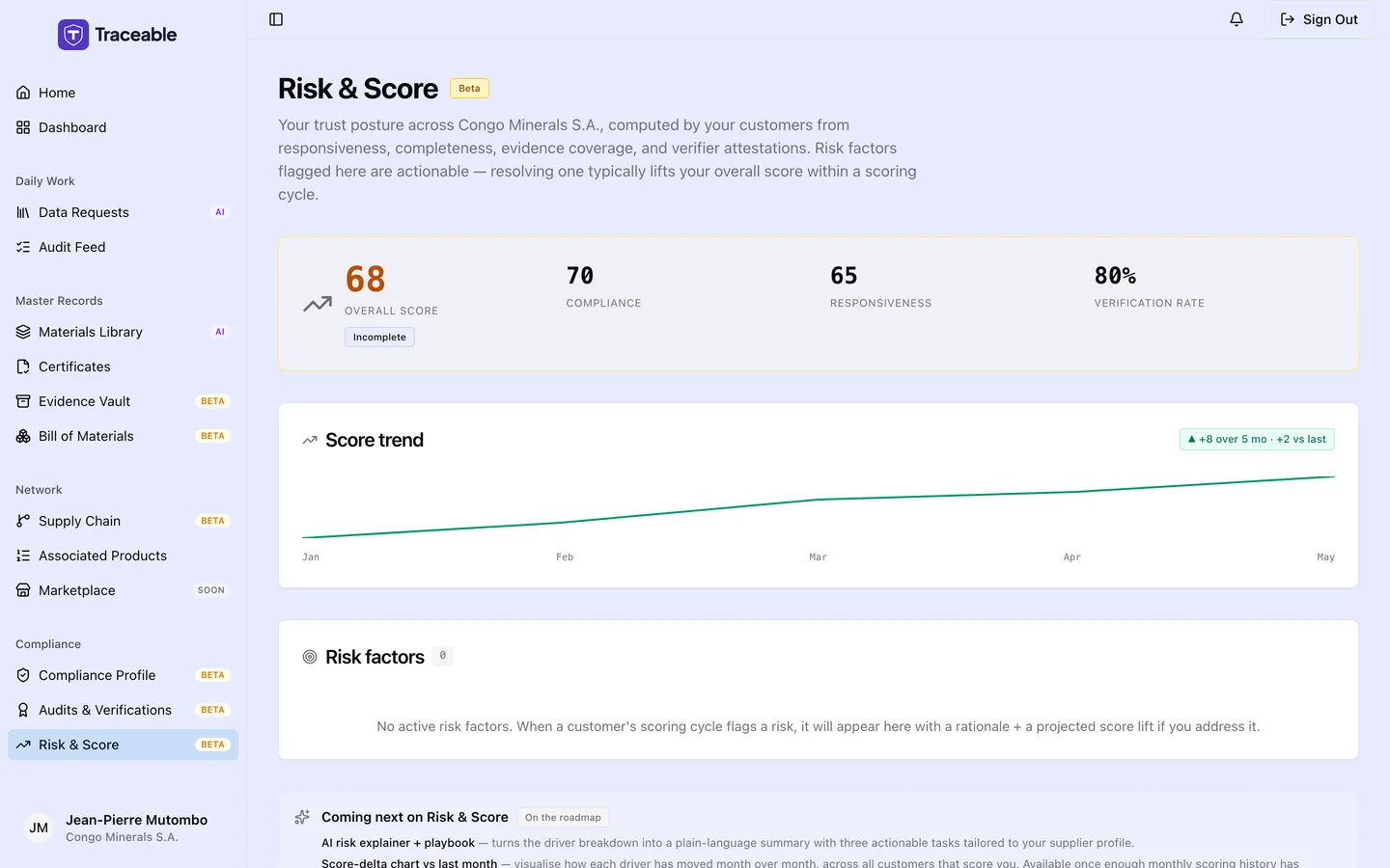 The risk and score screen, showing the trust score or the not-computed state.