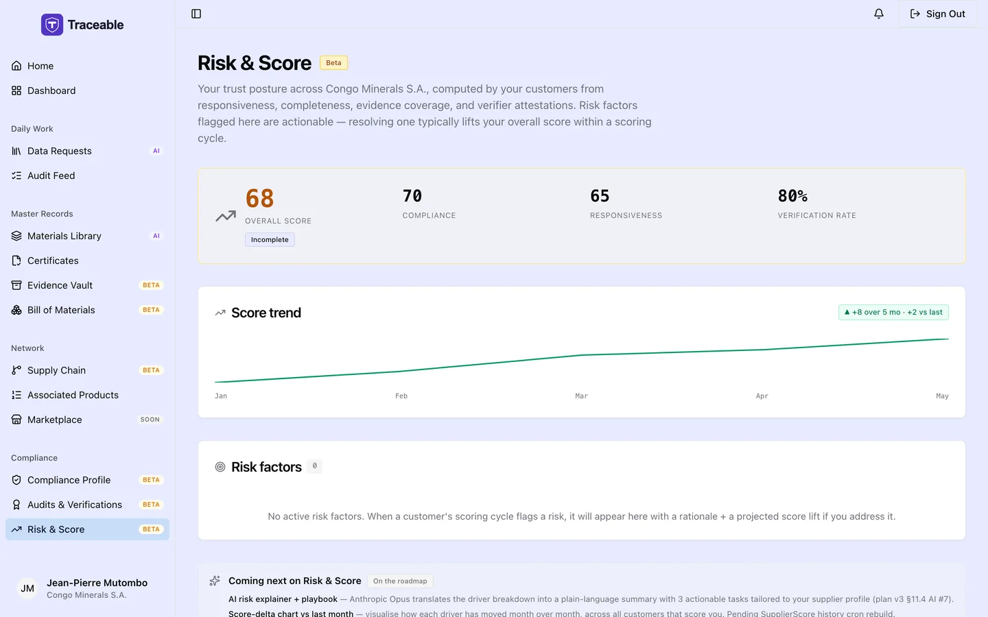 The risk and score screen, showing the supplier’s responsiveness and data-quality scoring.