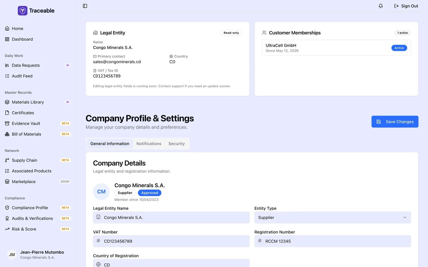 The supplier settings and profile screen, covering company details, contact information, notifications and security.