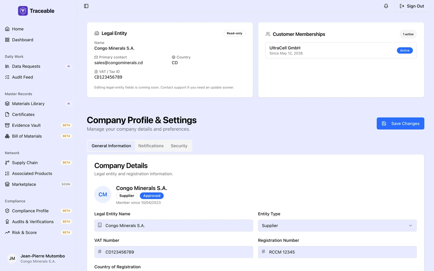 The supplier settings and profile screen, covering company details and contact information.