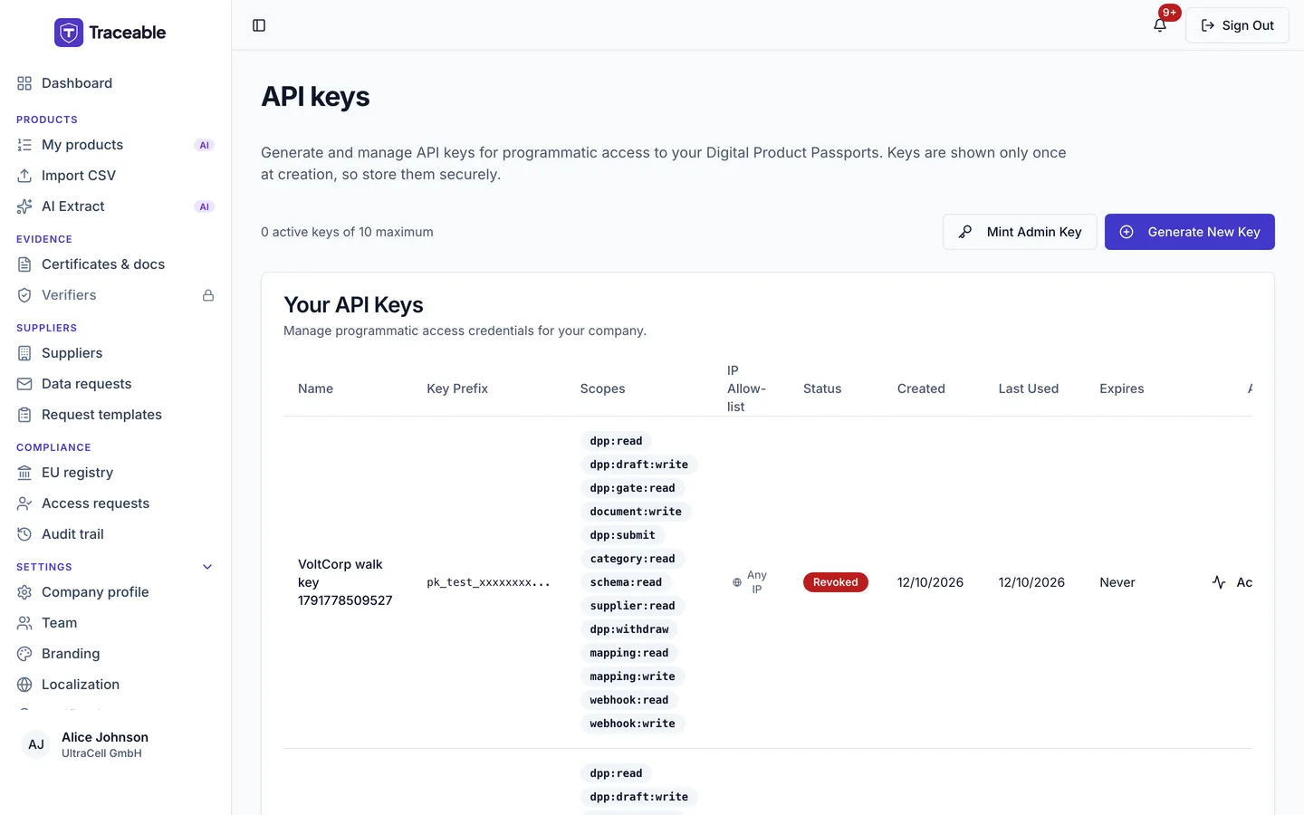 The API keys screen, listing issued keys with their scopes and allowing a new key to be minted.