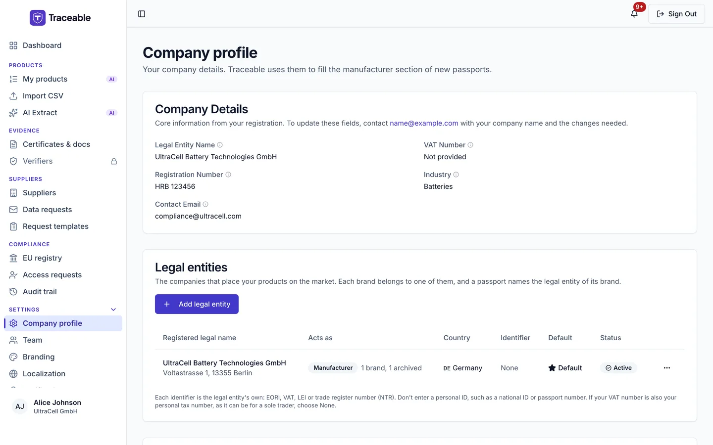 The Company profile page, showing Company Details and the Legal entities card with its legal entity, the roles it acts as, its country, default marker and status.