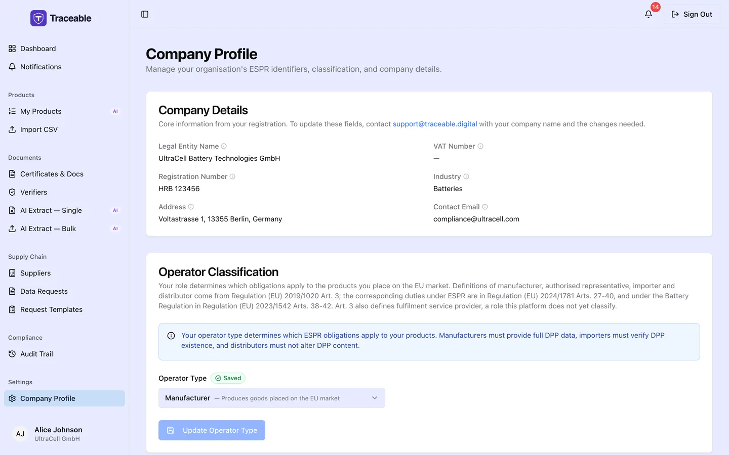 The company profile settings, covering company identity, operator classification and the regulatory identifier fields.