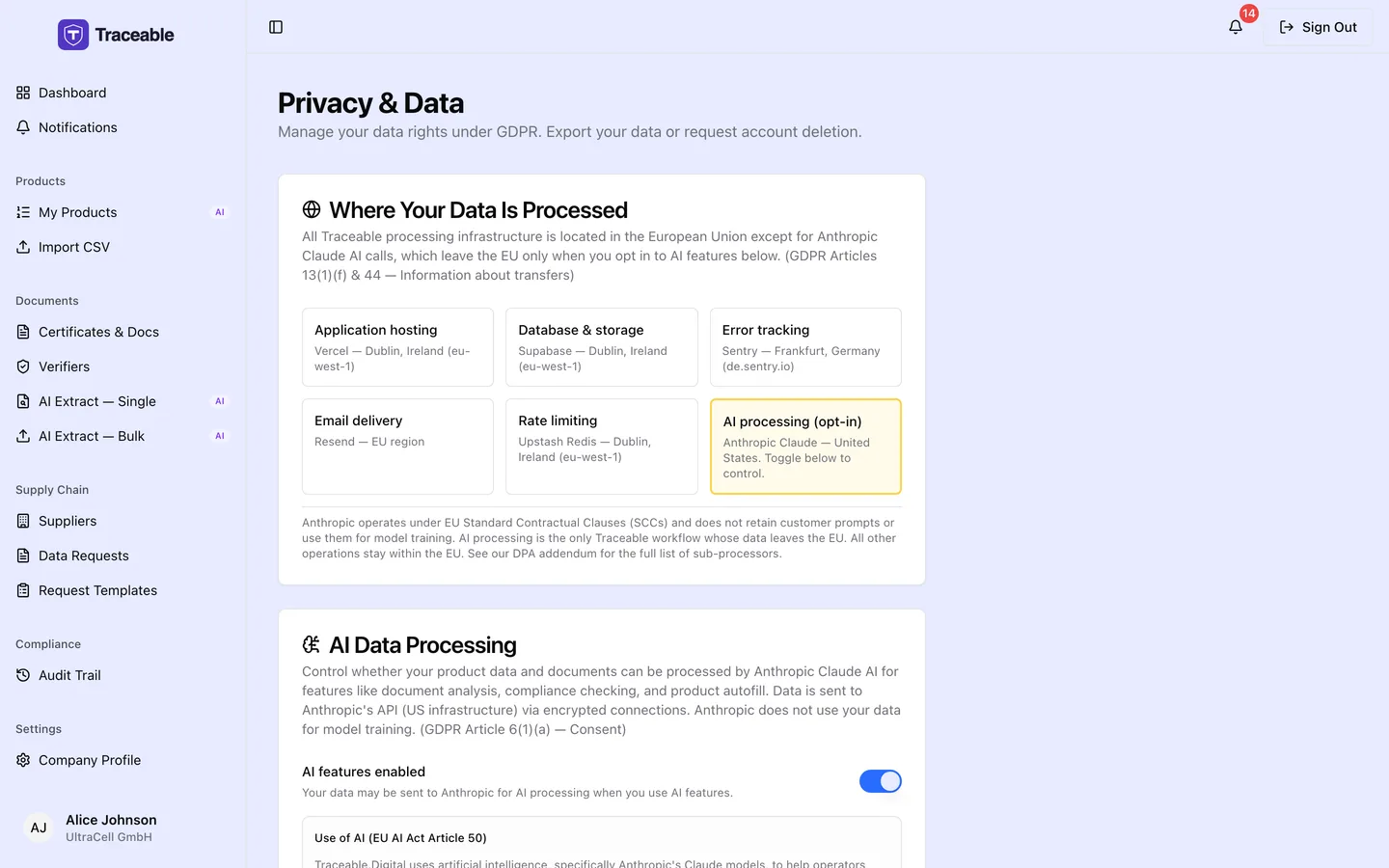 The privacy and data screen, covering consent settings and the GDPR data-subject controls.