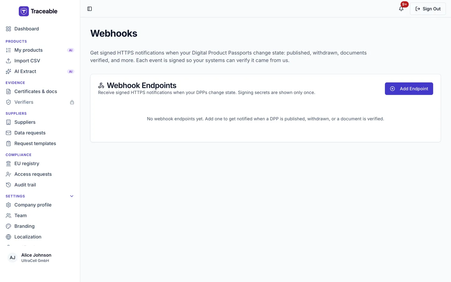 The webhooks screen with no endpoints yet, showing the Add Endpoint button and the message 'No webhook endpoints yet.'