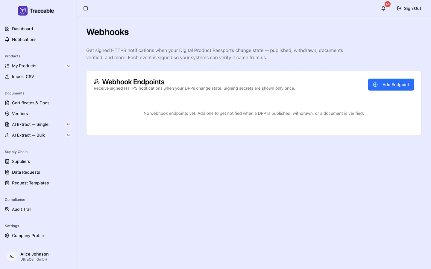The webhooks screen, listing configured endpoints, the events they subscribe to and their recent delivery state.