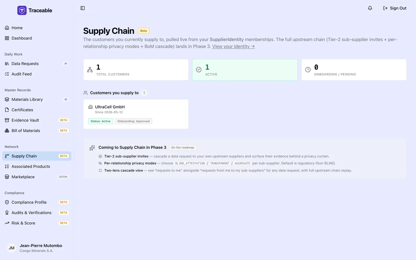 The supply chain screen, showing the supplierβs own upstream sources.