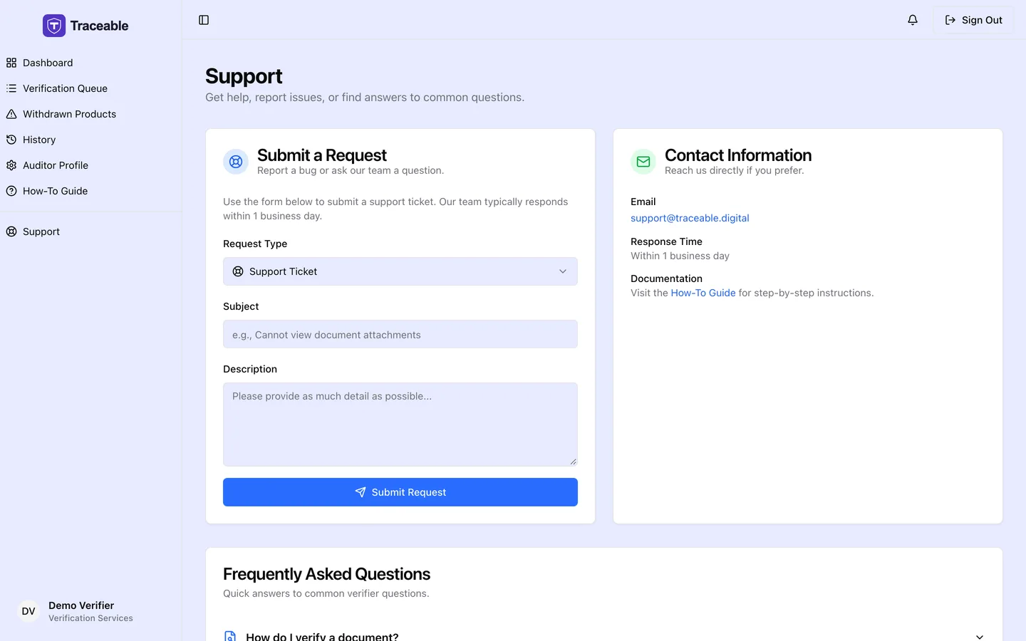 The verifier support screen.
