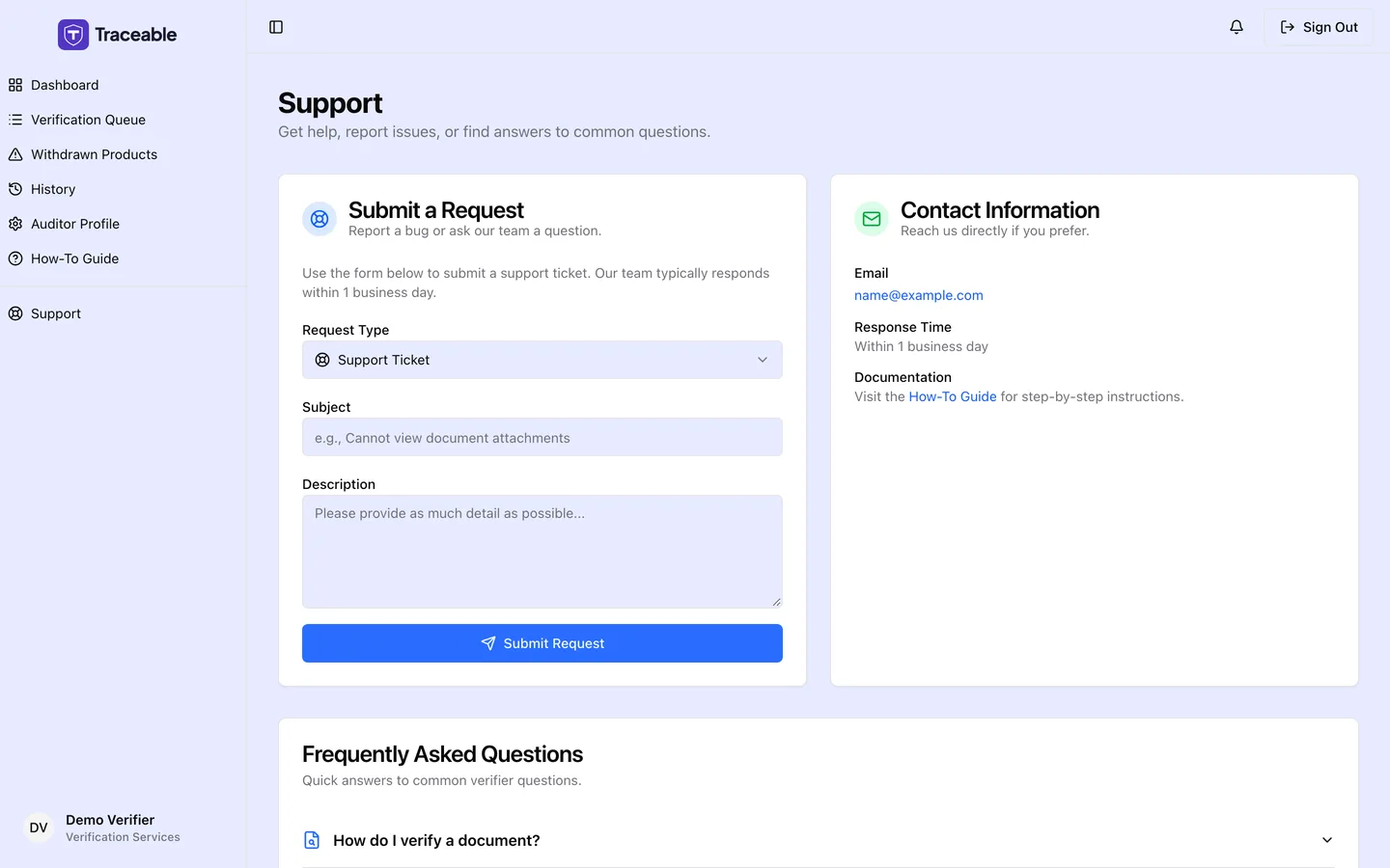 The verifier Support screen, with the Submit a Request form, the Contact Information card and the start of the Frequently Asked Questions list.