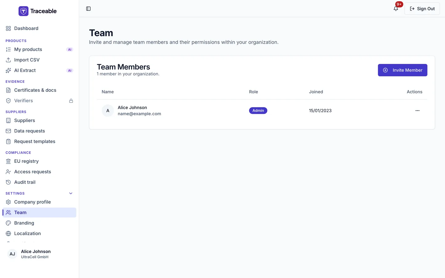The team screen, listing account members with their roles.