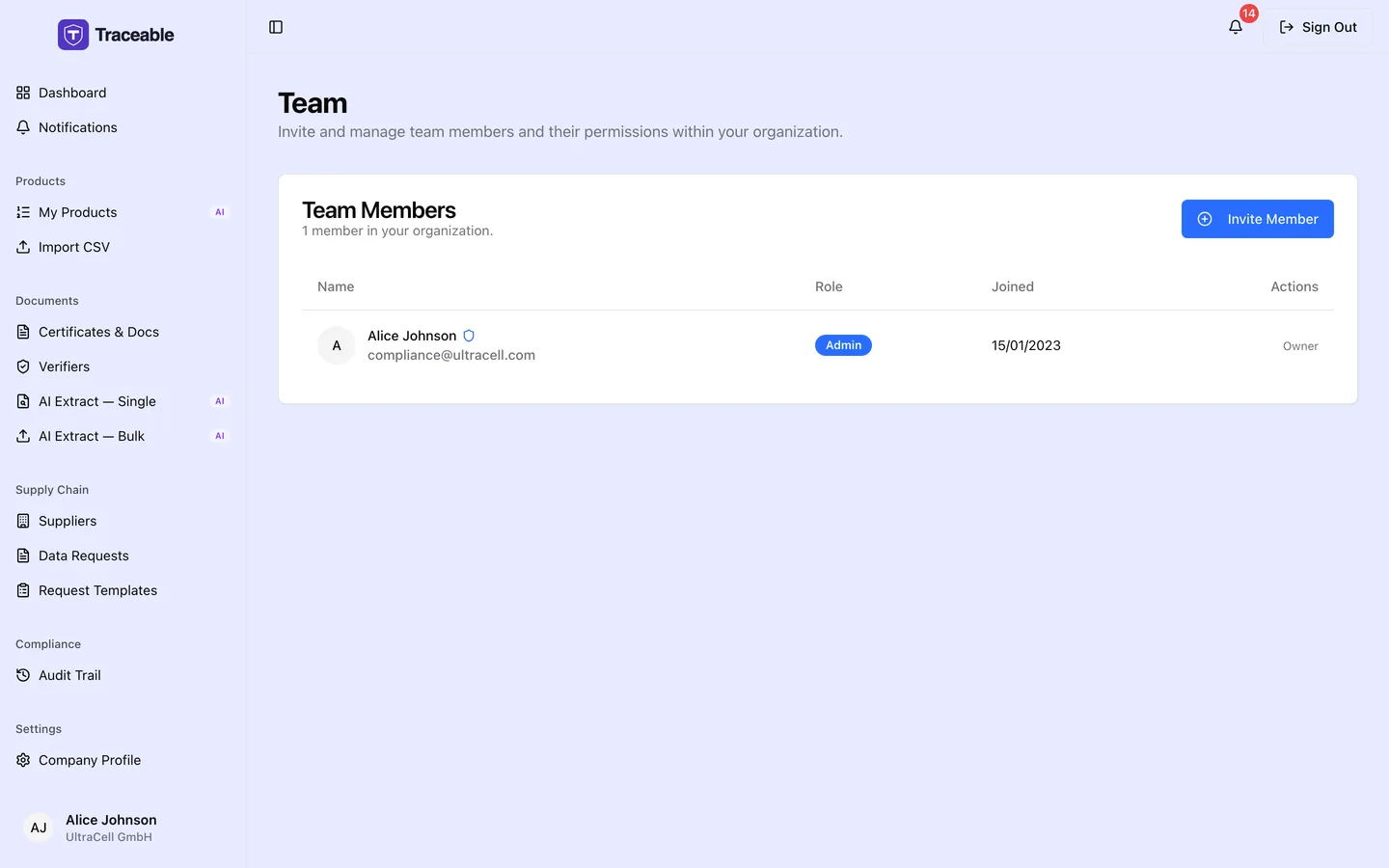 The team screen, listing account members with their roles and invitation status.