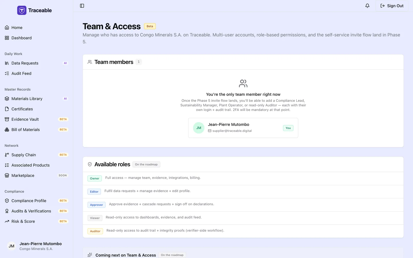 The team and access screen, listing supplier account users and their access.