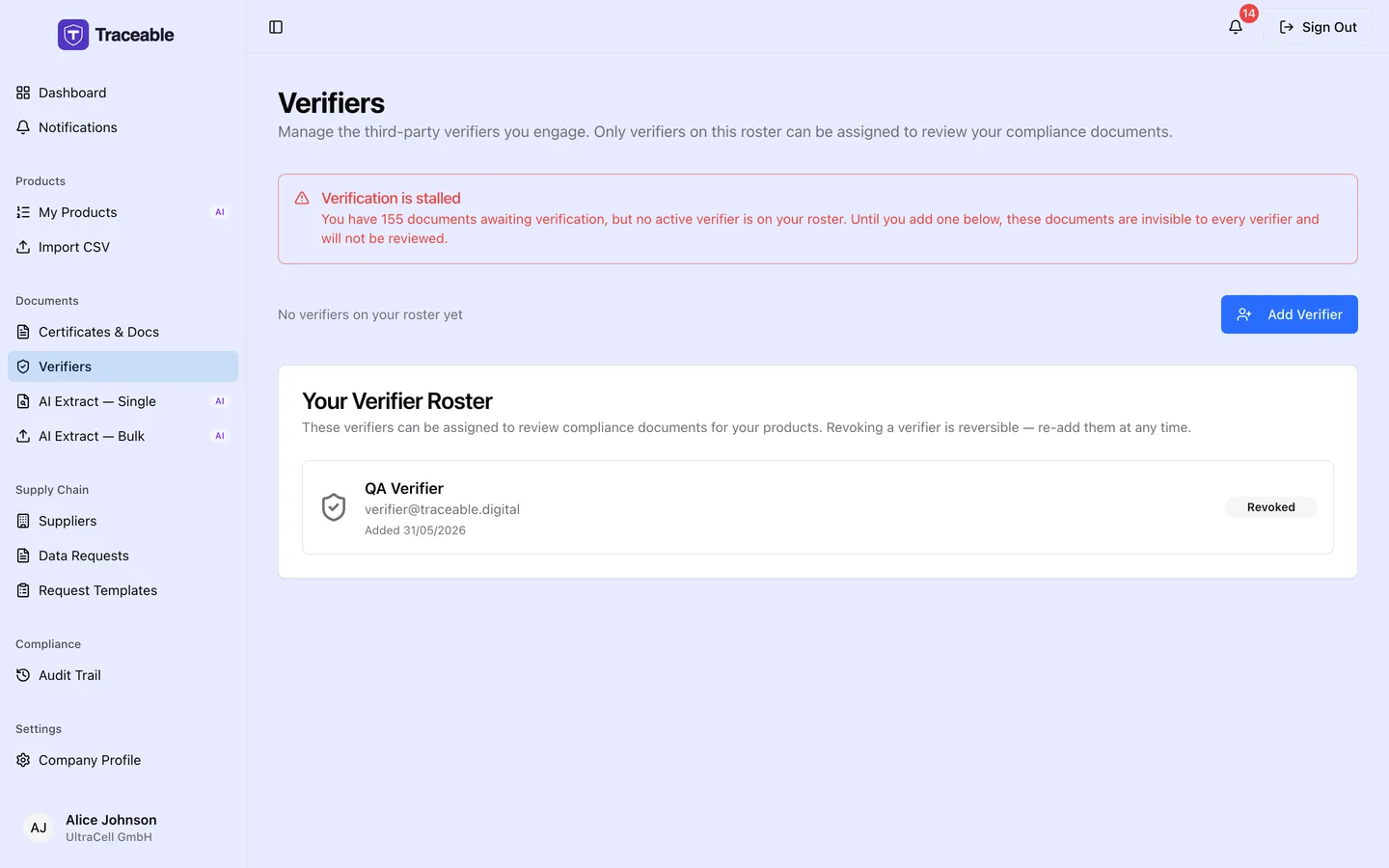 The verifiers directory, listing accredited verifier organisations available to assign verification work to.