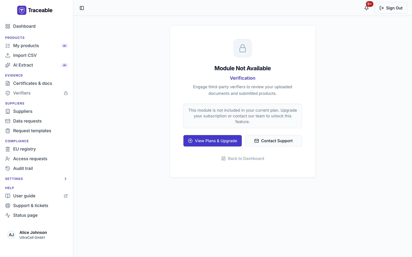 The Verifiers page when the Verification module is not switched on for the company, showing Module Not Available with the buttons View Plans &amp; Upgrade, Contact Support and Back to Dashboard.