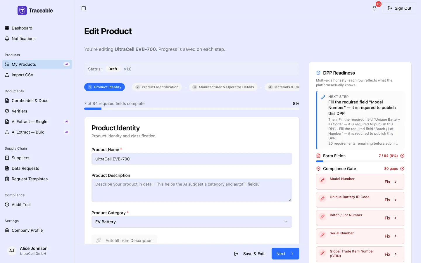 Step 1 of the DPP editor, Product Identity, showing the product name, description and category fields alongside the DPP Readiness panel.