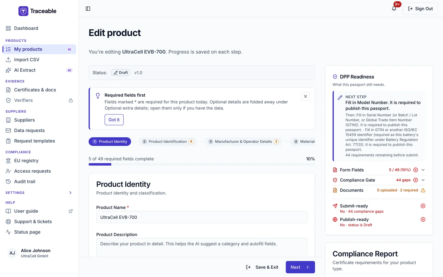 Step 1 of the DPP editor, Product Identity, showing the Status Draft v1.0, the Product Name field, the start of the Product Description and the DPP Readiness panel.