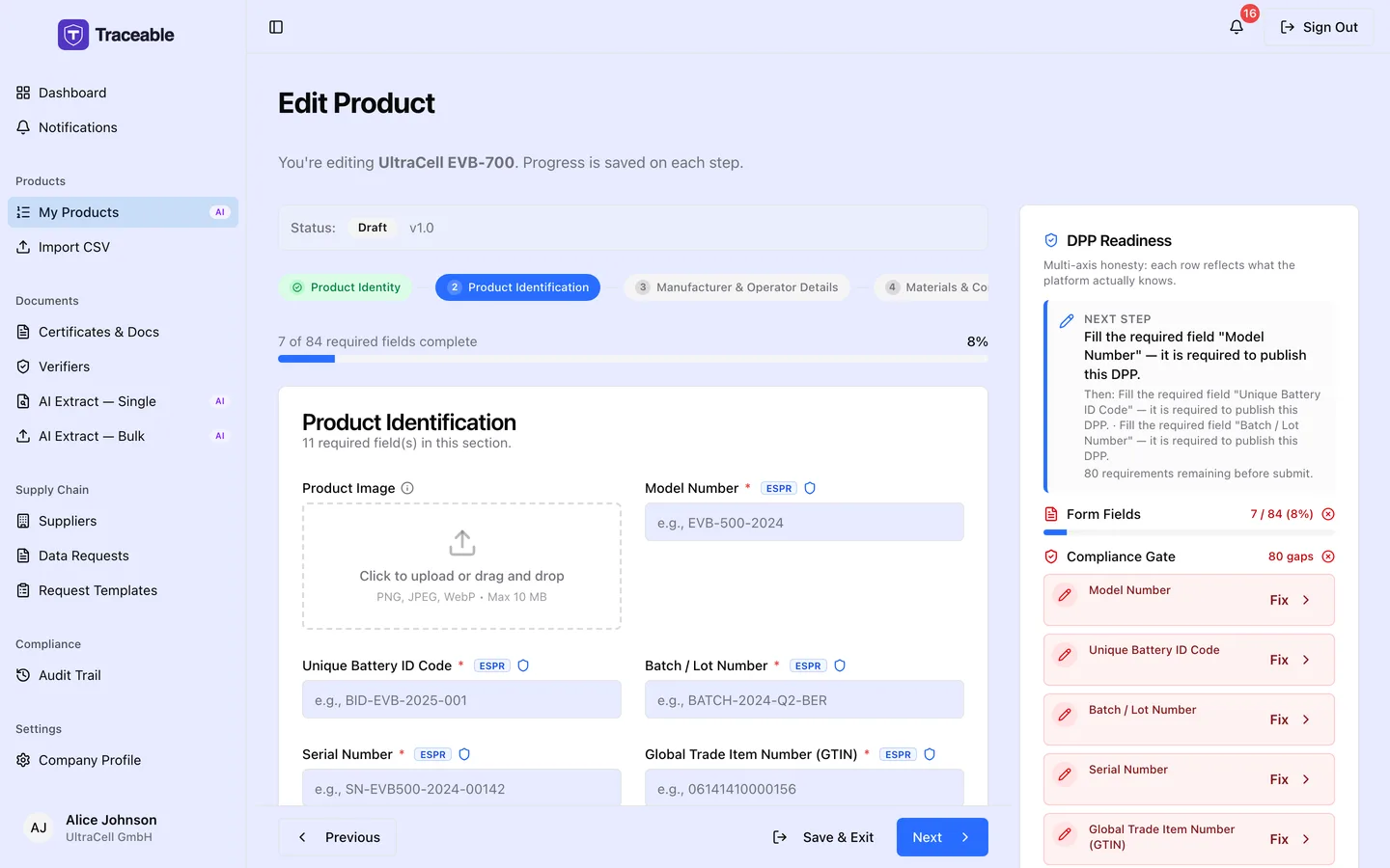 Step 2 of the DPP editor, Product Identification, showing identifier fields with per-field validation and the count of fields still needed on this step.