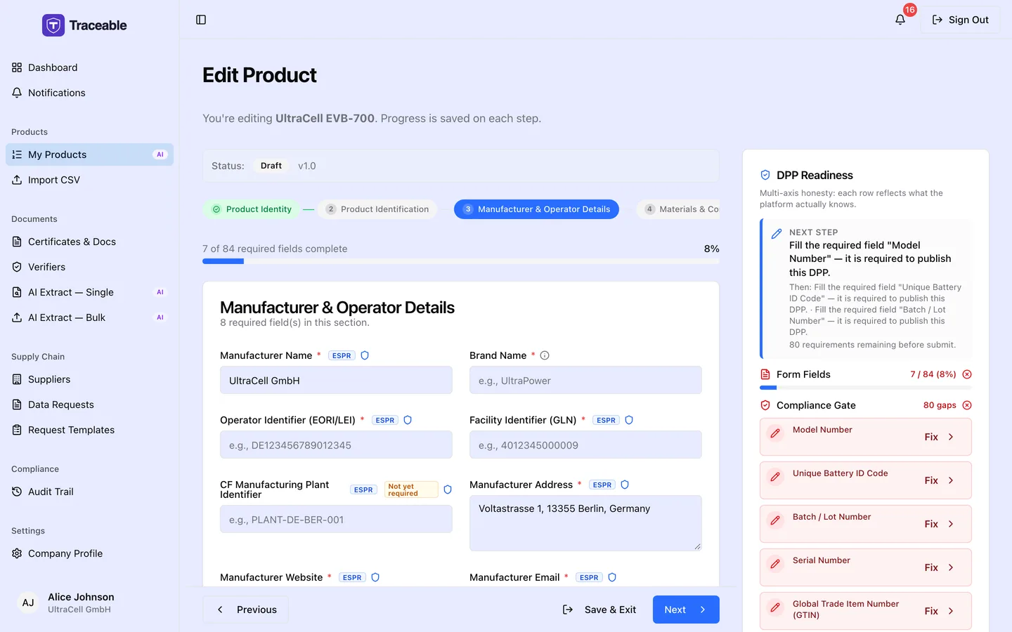 Step 3 of the DPP editor, Manufacturer and Operator Details.