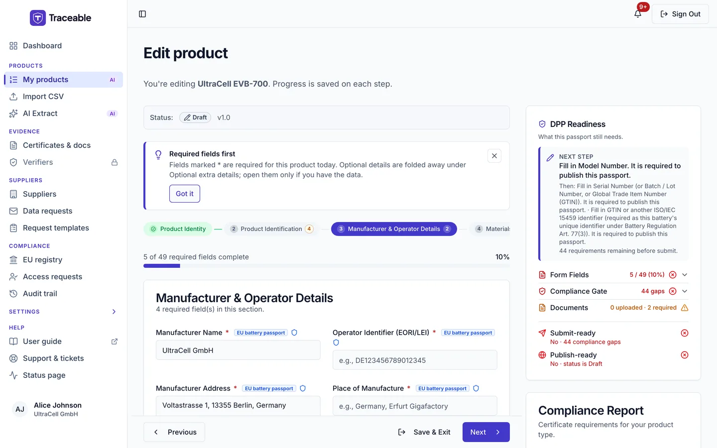 Step 3 of the DPP editor, Manufacturer and Operator Details.
