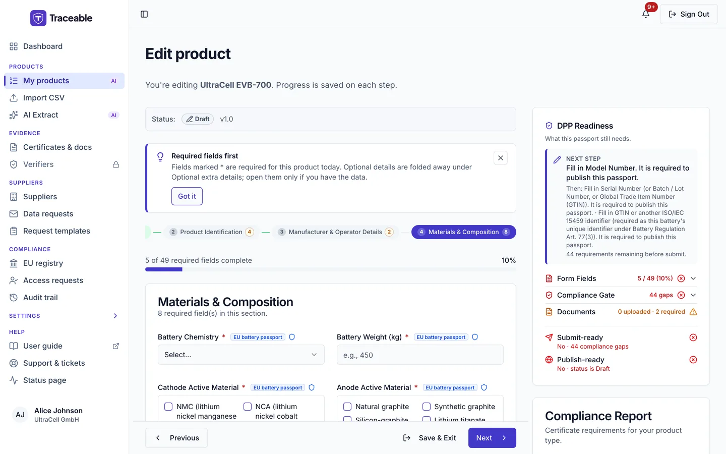 Step 4 of the DPP editor, Materials and Composition.