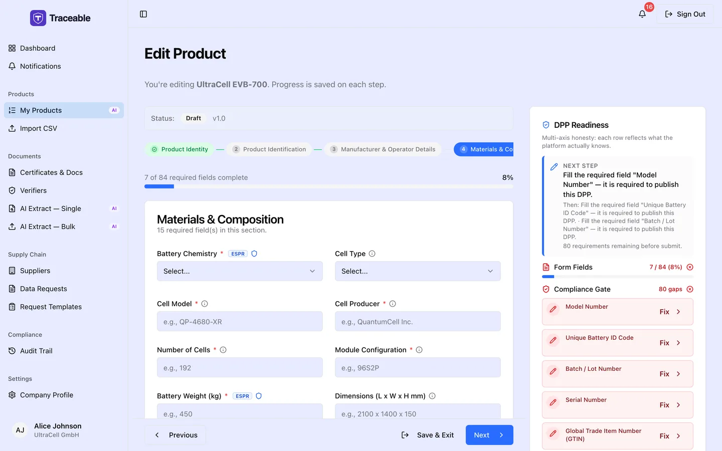 Step 4 of the DPP editor, Materials and Composition.