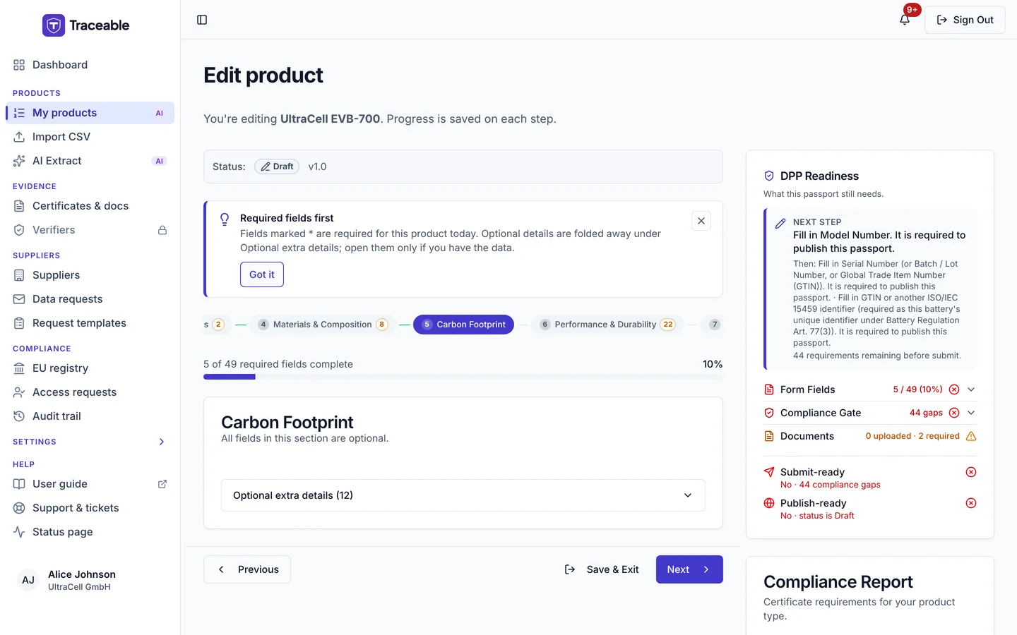 Step 5 of the DPP editor, Carbon Footprint.