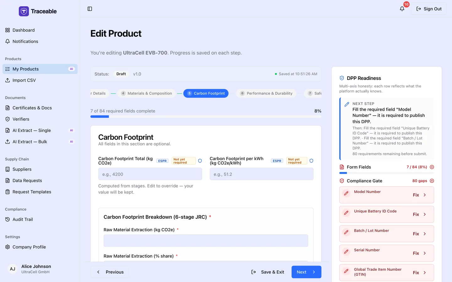 Step 5 of the DPP editor, Carbon Footprint.
