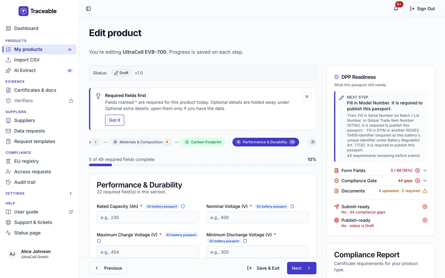 Step 6 of the DPP editor, Performance and Durability.