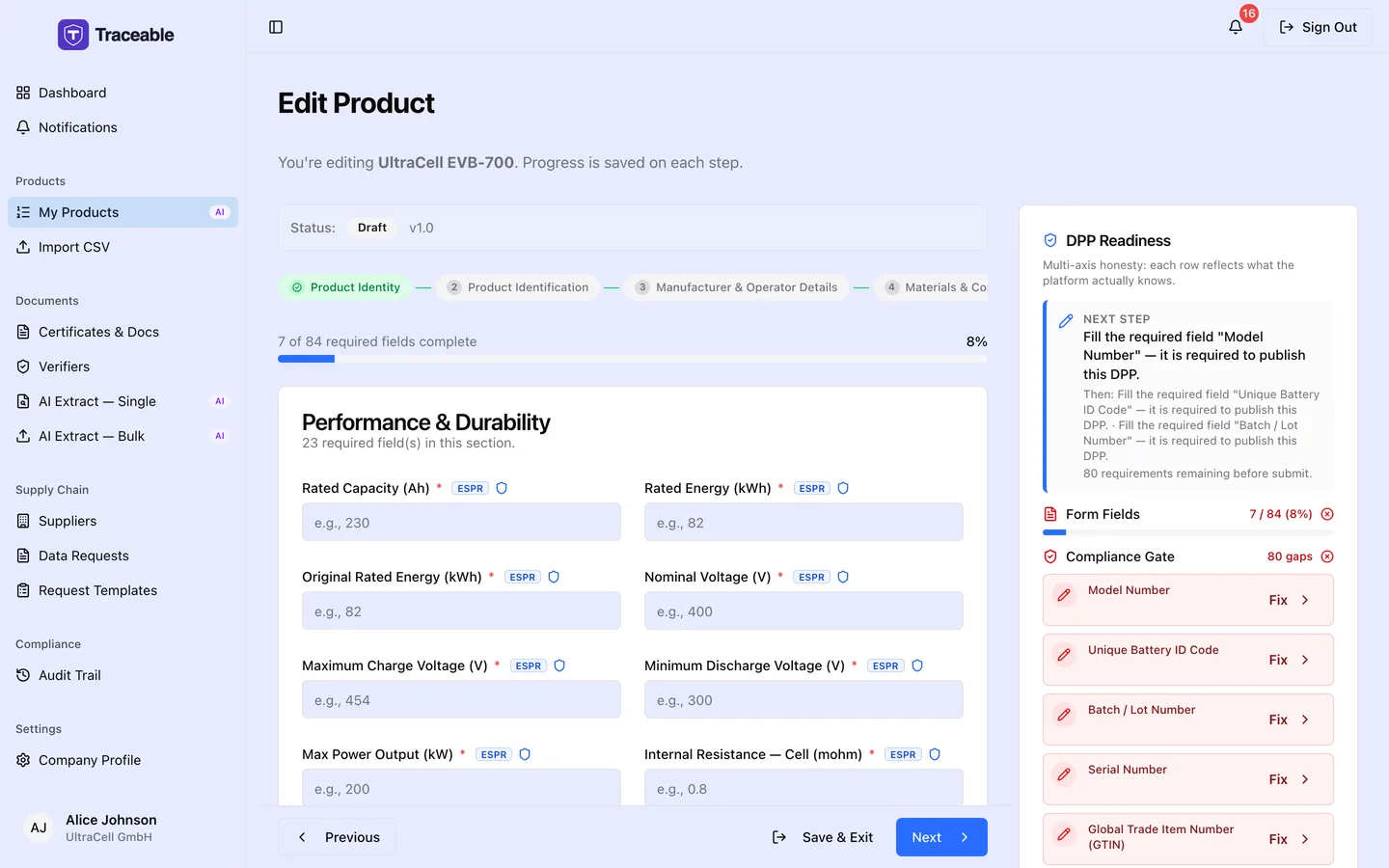 Step 6 of the DPP editor, Performance and Durability.