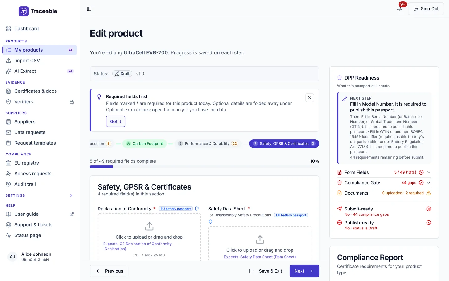 Step 7 of the DPP editor, Safety, GPSR and Certificates.