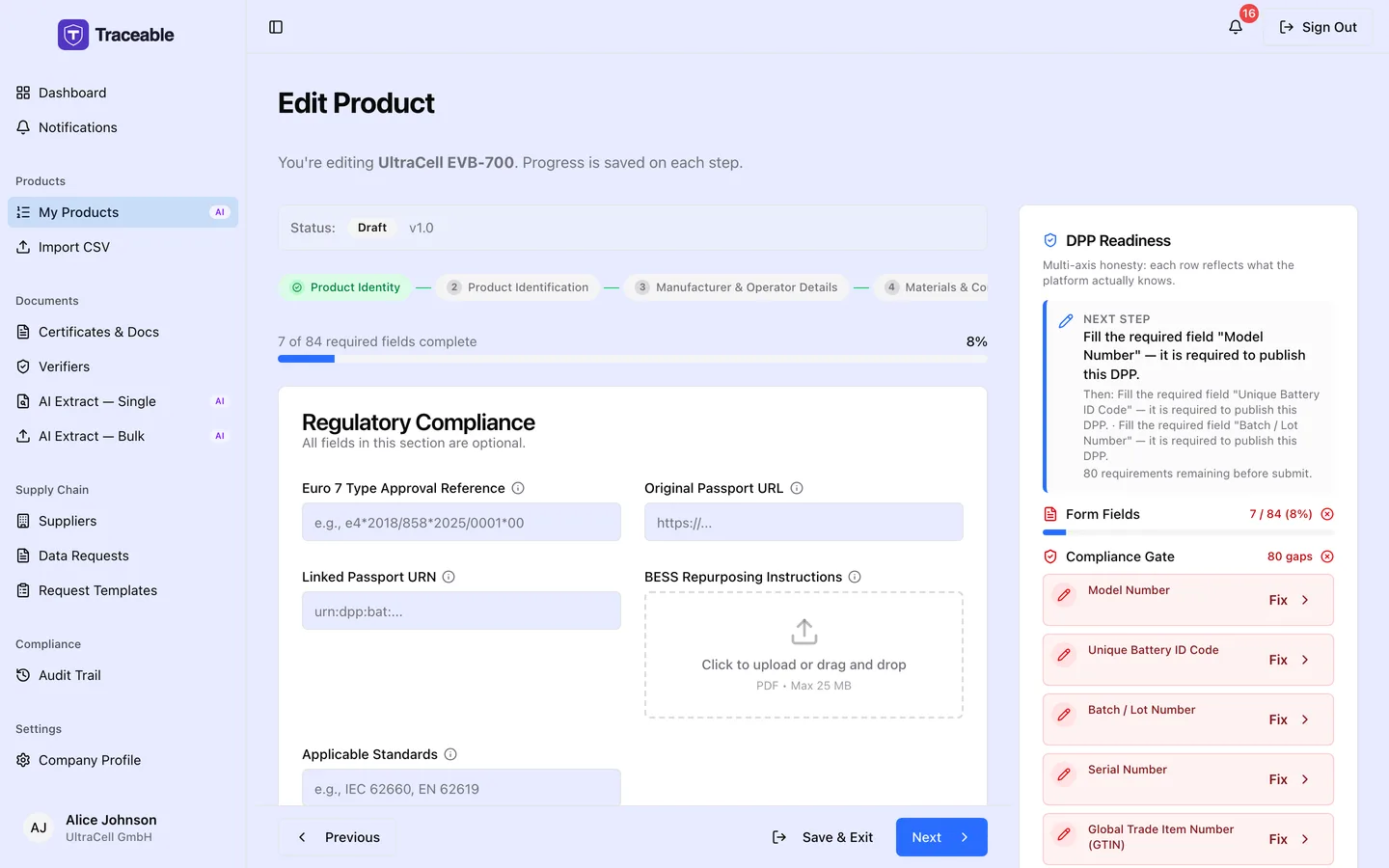 Step 8 of the DPP editor, Regulatory Compliance.