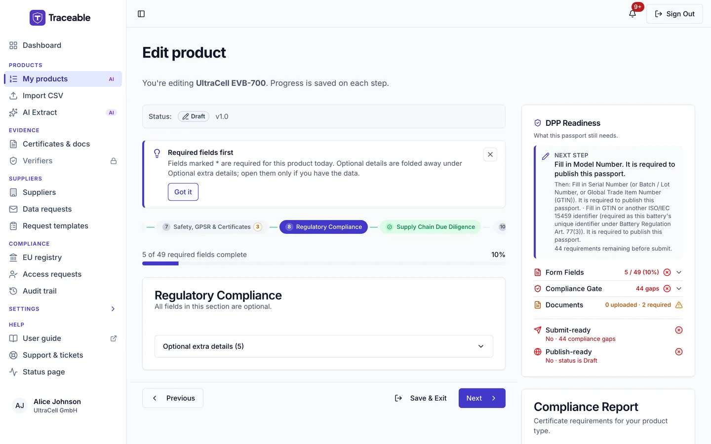 Step 8 of the DPP editor, Regulatory Compliance.