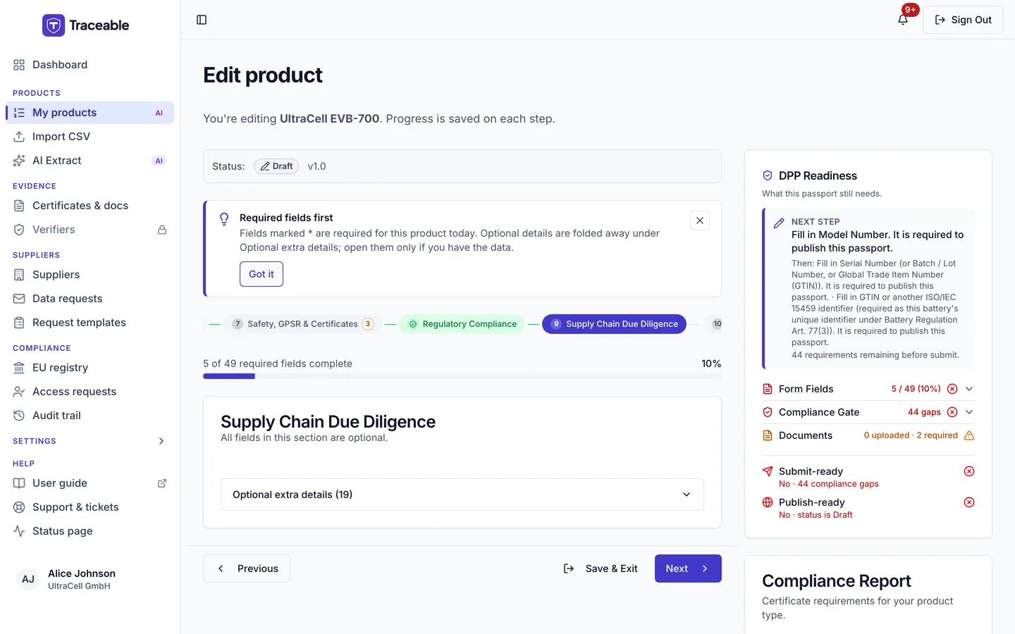 Step 9 of the DPP editor, Supply Chain Due Diligence.