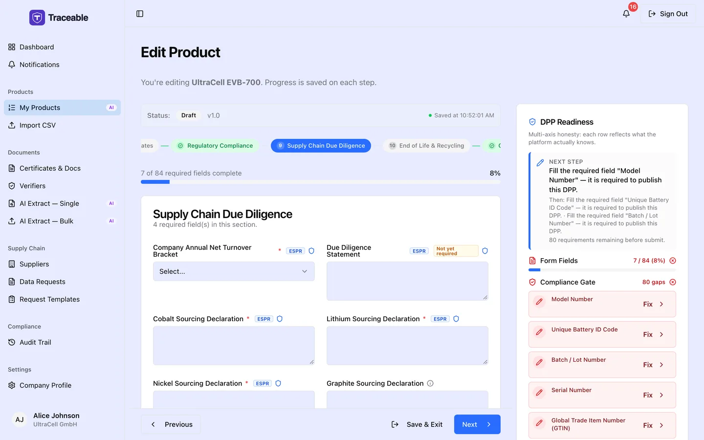 Step 9 of the DPP editor, Supply Chain Due Diligence.