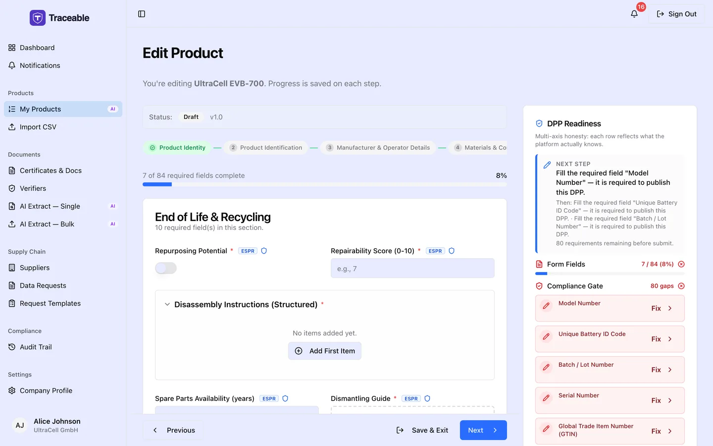 Step 10 of the DPP editor, End of Life and Recycling.